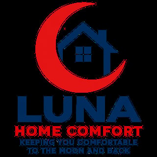 Luna Home Comfort logo featuring a red crescent moon and blue house silhouette with tagline