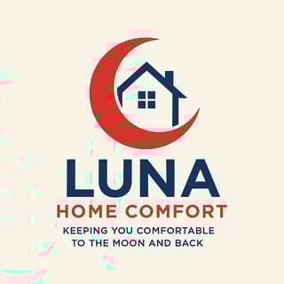 Luna Home Comfort logo featuring a red crescent moon with a house icon, company name and tagline about comfort services